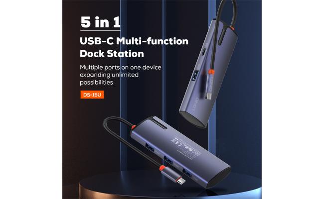 LDNIO DS-15U USB Type c Hub 5 in 1 USB Hub Multi-Function Adapter for MacBook Pro and Type C Windows Laptops - Gray